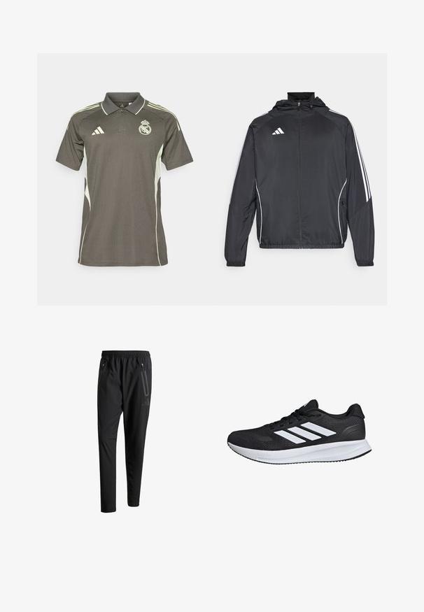 Black athletic jacket with a hood, featuring white stripes along the sleeves and a zippered front. Made from a smooth, lightweight fabric.; Dark grey polo shirt with light green accents, textured fabric, collar, and short sleeves, featuring a logo on the chest and three stripes on the shoulders.; Black athletic pants with an elastic waistband, two zippered side pockets, tapered legs, and a subtle logo detail on the hip.; Black athletic shoe with white stripes, mesh upper, cushioned sole, and textured accents. Features a lace-up design and brand logo on the tongue.