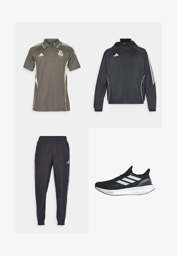 Czarna sportowa kurtka z kapturem, z białymi paskami wzdłuż rękawów i zasuwanym przodem. Wykonana z gładkiego, lekkiego materiału.; Ciemnoszara koszulka polo z jasn zielonymi akcentami, teksturowana tkanina, kołnierzyk i krótkie rękawy, z logo na klatce piersiowej i trzema paskami na ramionach.; Czarne spodnie sportowe z elastycznym paskiem w talii, z białymi paskami po bokach i małym logo na biodrze. Gładka faktura.; Czarny but biegowy z białym wzorem w trzy paski. Oddychająca siateczka z górnej części, amortyzowana biała podeszwa z napisem "LIGHT BOOST" oraz minimalistyczne akcenty.