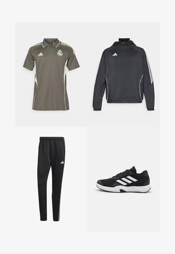 Juodas sportinis džemperis su kapišonu, turintis baltas juosteles palei rankoves ir užtrauktuką priekyje. Pagamintas iš lygaus, lengvo audinio.; Tamsiai pilkas polo marškinėlis su šviesiai žaliomis detalėmis, tekstūruotas audinys, apykaklė ir trumpomis rankovėmis, su logotipu ant krūtinės ir trimis juostelėmis ant pečių.; Juodos sportinės kelnes su tampriu juosmeniu, baltomis šoninėmis juostelėmis ir mažu baltu logotipu ant šlaunies. Pagamintos iš sklandžios, lengvos medžiagos.; Juodi sportiniai batai su tekstūruotu tinkliniu paviršiumi, baltais akcentų dryžiais, paminkštintu padu ir sustiprintu kulnu paramai.