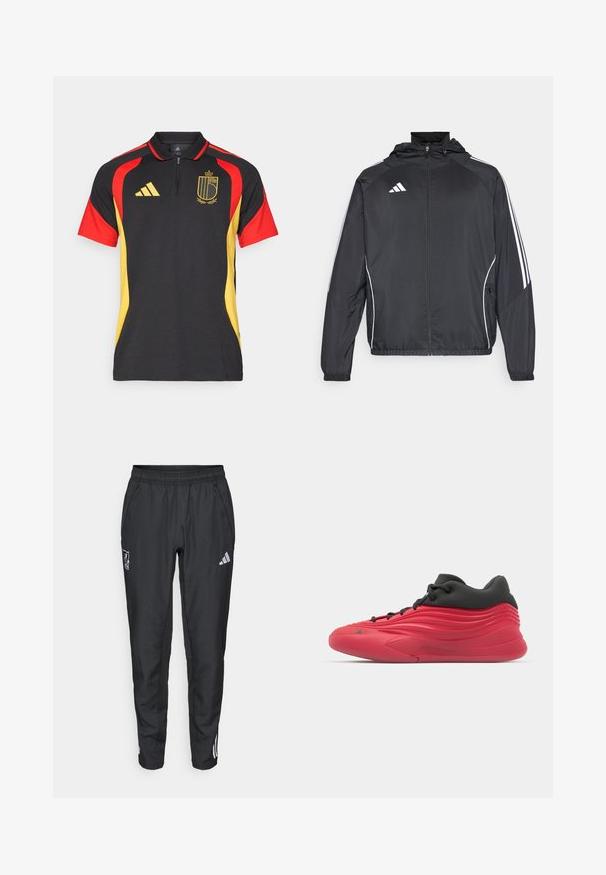 Czarna sportowa kurtka z kapturem, z białymi paskami wzdłuż rękawów i zasuwanym przodem. Wykonana z gładkiego, lekkiego materiału.; Czarna koszulka polo z krótkim rękawem z czerwonymi i żółtymi akcentami, z ćwierć zamkiem, haftowanym herbem i logo Adidas na piersi.; adidas Performance LIVERPOOL FC czarny; Czerwone buty sportowe z teksturowanym wzorem, charakteryzujące się czarną cholewką, gładką gumową podeszwą i sznurowadłami. Wyraźne poziome paski po bokach.