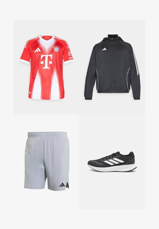 Crna atletska jakna s kapuljačom, s bijelim prugama duž rukava i zatvaranjem na zip. Izrađena od glatkog, laganog materijala.; Crvena i bijela nogometna majica izrađena od prozračnog materijala, s okruglim izrezom, uzorkom vertikalnih pruga, logotipom kluba i brandom sponzora.; adidas Performance D4T WORKOUT - Sportske kratke hlače - halo silver; Crne atletske tenisice s prozračnom mrežicom na gornjem dijelu, bijelim akcentima i mekanim potplatom. Imaju logo s tri pruge sa strane.