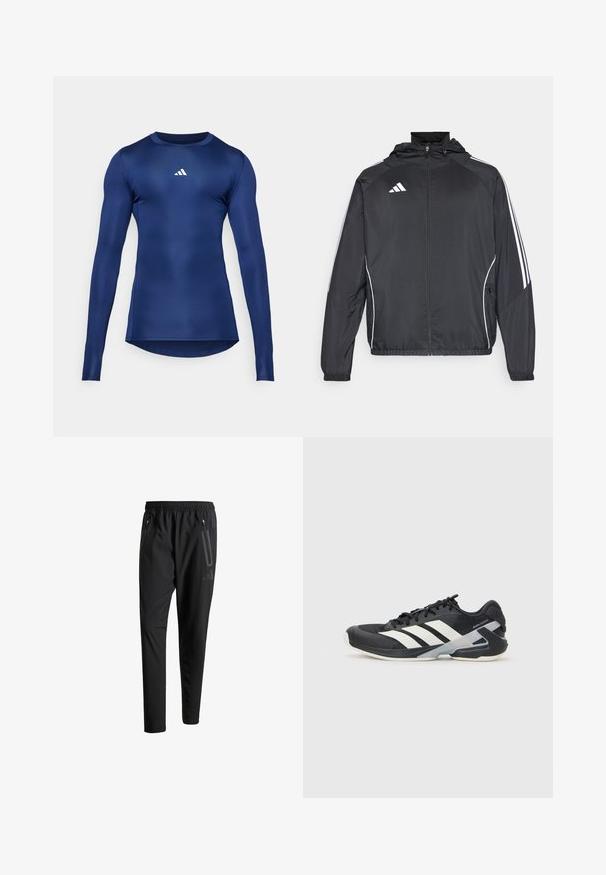 Svart sportsjakke med hette, med hvite striper langs ermene og glidelås foran. Laget av et glatt, lett stoff.; Marineblå langermet treningsskjorte; glatt, stretch stoff; rund hals; har en liten hvit logo på brystet; tettsittende design.; Svarte treningsbukser med elastisk liv, to glidelåslommer på sidene, avsmalnende ben og en subtil logo detalj ved hoften.; Svart treningssko med hvite striper, mesh-overdel, avrundet tå og polstret såle. Har en teksturert hæl og et sikkert snøresystem.