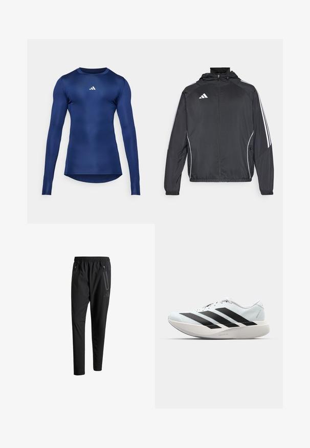 Schwarze Sportjacke mit Kapuze, ausgestattet mit weißen Streifen an den Ärmeln und einem Reißverschluss vorne. Hergestellt aus einem glatten, leichten Stoff.; Marineblaue langärmelige Sportshirt; glattes, dehnbares Material; runder Ausschnitt; mit kleinem weißen Logo auf der Brust; taillierte Passform.; Schwarze Sporthose mit elastischem Bund, zwei Reißverschlusstaschen an den Seiten, schmal zulaufenden Beinen und einem dezenten Logo-Detail an der Hüfte.; Leichte Laufschuhe in hellblau mit schwarzen Streifen. Sie verfügen über ein glattes Obermaterial, eine runde Zehenpartie und eine dicke weiße Zwischensohle, die mit "LIGHTSTRIKE PRO" beschriftet ist.