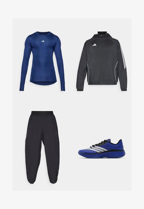 Svart idrottsjacka med huva, med vita ränder längs ärmarna och dragkedja framtill. Tillverkad av ett mjukt, lätt material.; Marinblå långärmad träningsskjorta; mjuk, elastisk tyg; rund halsringning; har en liten vit logotyp på bröstet; figursydd design.; Svarta träningsbyxor med elastisk midja, fickor med dragkedja på sidan, avsmalnande ben och en diskret logotyp på höger lår.; adidas Performance ADIZERO SELECT 3.0 - Basketsko - lucid blue/core black/metallic