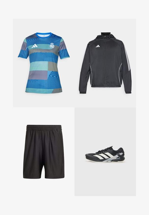 Juodas sportinis džemperis su kapišonu, turintis baltas juosteles palei rankoves ir užtrauktuką priekyje. Pagamintas iš lygaus, lengvo audinio.; Mėlyna futbolo marškinėliai su geometriniu raštu, sudarytu iš skirtingų mėlynos ir žalios atspalvių, trumpomis rankovėmis, apvalia kaklo iškirpte ir Adidas logotipu.; Juodi šortai su elastinga juosmeniu, turintys vertikalius raštuotus dryžius ir lengvą, tekstūruotą medžiagą. Iki vidurinės šlaunies ilgio.; Juoda sportinė avalynė su baltais dryžiais, tinklinis viršus, apvalus pirštas ir paminkštinta padais. Yra tekstūruota kulno dalis ir saugi raištelių sistema.