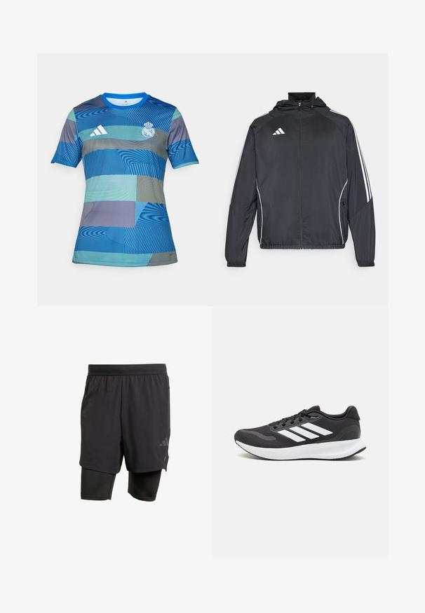 Zwarte sportjack met capuchon, voorzien van witte strepen langs de mouwen en een ritssluiting aan de voorkant. Gemaakt van een gladde, luchtige stof.; Blauw voetbalshirt met een geometrisch patroon in verschillende tinten blauw en groen, korte mouwen, ronde hals en het Adidas-logo.; Zwarte sportshorts met geïntegreerde binnenlaag, gemaakt van ademend materiaal. Bevat een subtiele logo en gestructureerde textuur. Verstelbare tailleband.; Zwart sportief schoen met ademend mesh bovenwerk, witte accenten en een gevoerde zool. Beschikt over een logo met drie strepen aan de zijkant.