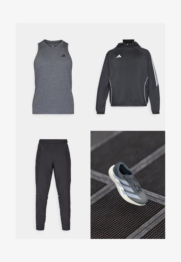 Zwarte sportjack met capuchon, voorzien van witte strepen langs de mouwen en een ritssluiting aan de voorkant. Gemaakt van een gladde, luchtige stof.; Grijze sportieve tanktop gemaakt van lichtgewicht stof, met een ronde halslijn en een zwart merkembleem op de linkerkant van de borst.; Zwarte sportbroek met een elastische tailleband, taps toelopende benen en witte zijkanten. Gemaakt van synthetisch materiaal met een gladde textuur.; Sportschoen in grijs en wit, gemaakt van synthetisch materiaal, met een gestroomlijnd ontwerp, textuurafwerking en een opvallend vetersysteem.