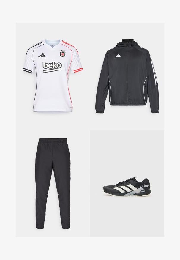 Veste de sport noire avec capuche, présentant des bandes blanches le long des manches et un devant zippé. Fabriquée en tissu léger et lisse.; adidas Performance BESIKTAS 25/26 HOME JERSEY - Article de supporter d'équipe de club - white; Pantalons de sport noirs avec une taille élastique, des jambes fuselées et des accents blancs sur les côtés. Fabriqués à partir de matériau synthétique avec une texture lisse.; Chaussure de sport noire avec des rayures blanches, tige en mesh, bout arrondi et semelle rembourrée. Comprend un talon texturé et un système de laçage sécurisé.