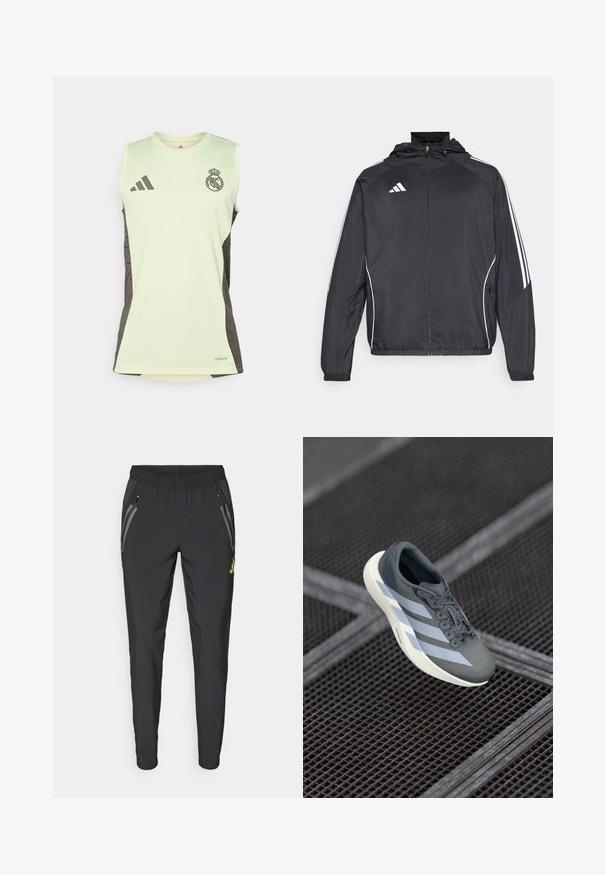 Svart sportsjakke med hette, med hvite striper langs ermene og glidelås foran. Laget av et glatt, lett stoff.; Lys grønn ermene jersey med mørkegrå sidepaneler, med Real Madrid-merket og Adidas-logo, laget av fukttransporterende stoff.; adidas Performance REAL MADRID TIRO25 PRO VIS TECH TRAVEL PANT - Klubbklær - black/lucid lemon; Sportsko leketøy i grått og hvitt, laget av syntetisk materiale, med et strømlinjeformet design, teksturert overflate og fremtredende snøresystem.