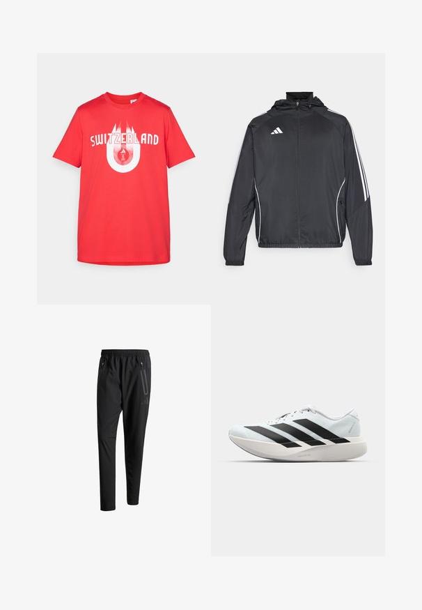 Jachetă sport neagră cu glugă, decorată cu dungi albe pe mâneci și cu fermoar în față. Fabricată dintr-un material neted și ușor.; Tricou roșu din bumbac cu inscripția "ELVEȚIA" în litere albe, având un design grafic circular care încorporează logo-ul elvețian. Mâneci scurte.; Pantaloni atletici negri cu talie elastică, două buzunare laterale cu fermoar, picioare conice și un detaliu logo discret pe șold.; Pantofi de alergare ușori în albastru deschis cu dungi negre. Au un superior neted, vârf rotund și o intermediară groasă albă etichetată "LIGHTSTRIKE PRO."
