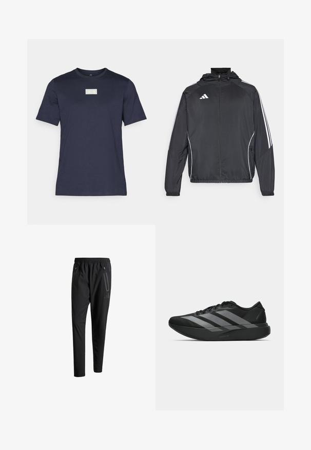 Musta urheilu takki hupulla, jossa on valkoiset raidat hihoissa ja vetoketjuzulu etupuolella. Valmistettu sileästä, kevyestä kankaasta.; T-paita lyhyillä hihoilla merisinisen värisenä, jossa on pehmeä kangas ja vaaleankeltainen suorakulmainen logo ylärinnassa.; Mustat urheiluhousut, joissa on joustava vyötärö, kaksi vetoketjullista sivutaskua, kapenevat lahkeet ja hillitty logokuvaus lonkalla.; Mustat urheilukengät, joissa on kevyt muotoilu, kolme näkyvää harmaata raitaa, sileä pinta ja muotoiltu pohja.