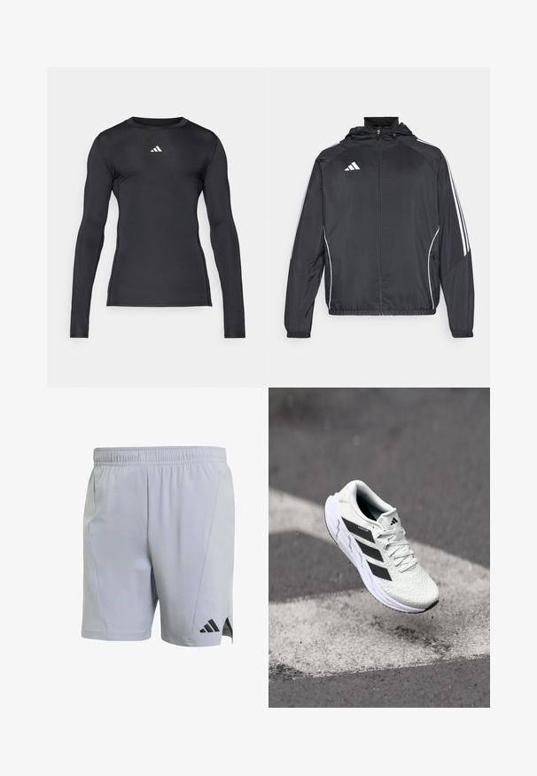 Crna atletska jakna s kapuljačom, s bijelim prugama duž rukava i zatvaranjem na zip. Izrađena od glatkog, laganog materijala.; Crna dug sleeve atletska majica napravljena od glatkog, rastezljivog materijala. Ima okruglu izrezanu slip i suptilan bijeli logo na prsima.; adidas Performance Sportske kratke hlače - halo silver; Bjela atletska cipela s mrežastim gornjim dijelom s teksturom, crnim prugama, vezanjem na vezice i podstavljenim potplatom, lebdi iznad označene ceste.