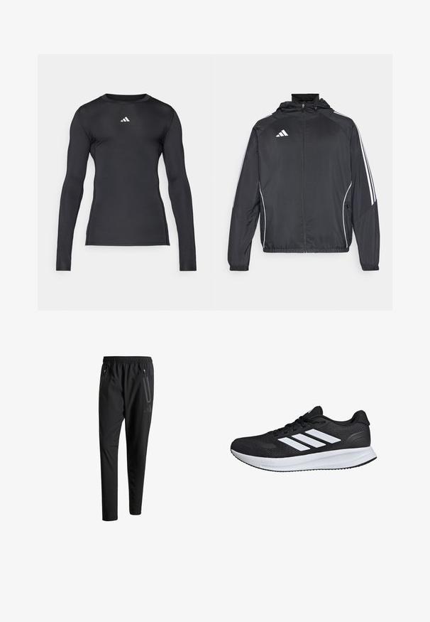 Black athletic jacket with a hood, featuring white stripes along the sleeves and a zippered front. Made from a smooth, lightweight fabric.; Black long-sleeve athletic shirt made of smooth, stretchy material. Features a round neckline and subtle white logo on the chest.; Black athletic pants with an elastic waistband, two zippered side pockets, tapered legs, and a subtle logo detail on the hip.; Black athletic shoe with white stripes, mesh upper, cushioned sole, and textured accents. Features a lace-up design and brand logo on the tongue.