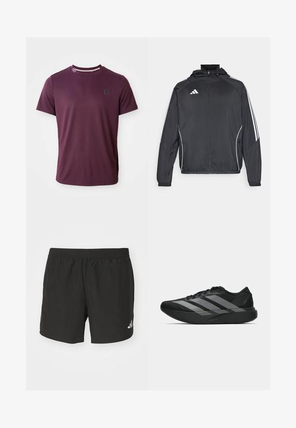 Svart idrottsjacka med huva, med vita ränder längs ärmarna och dragkedja framtill. Tillverkad av ett mjukt, lätt material.; Burgundy kortärmad T-shirt i mjukt tyg, med rund hals och en liten logotypdetalj på bröstet.; Svarta träningsshorts med elastisk midja, sidoklyftor och reflekterande logotypdetaljer. Tillverkade av lätt och mjukt tyg.; Svarta träningsskor med en lätt design, som har tre framträdande grå ränder, en slät yta och en formad sula.