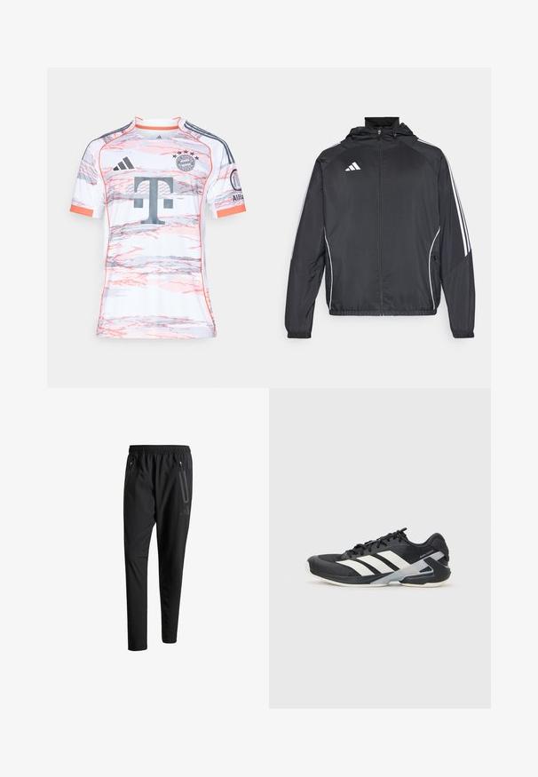 Zwarte sportjack met capuchon, voorzien van witte strepen langs de mouwen en een ritssluiting aan de voorkant. Gemaakt van een gladde, luchtige stof.; Korte mouwen witte voetbalshirt met abstracte patronen in roze en grijs, voorzien van een ronde hals, Adidas-logo en Bayern München-embleem.; Zwarte sportbroeken met een elastische tailleband, twee ritszakken aan de zijkant, taps toelopende pijpen en een subtiele logo-detail op de heup.; Zwarte sportschoen met witte strepen, bovenwerk van mesh, ronde neus en geveerde zool. Heeft een getextureerde hak en een veilig vetersysteem.