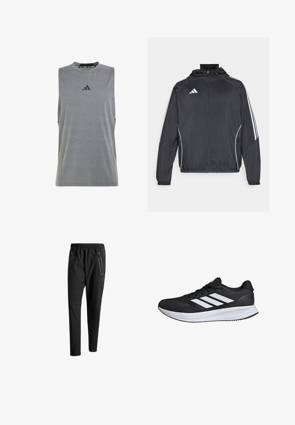 Musta urheilu takki hupulla, jossa on valkoiset raidat hihoissa ja vetoketjuzulu etupuolella. Valmistettu sileästä, kevyestä kankaasta.; Harmaa hihaton urheiluyläosa, joka on valmistettu sileästä ja kevyestä materiaalista. Varustettu pyöreällä kaula-aukolla ja mustalla logolla etuosassa.; Mustat urheiluhousut, joissa on joustava vyötärö, kaksi vetoketjullista sivutaskua, kapenevat lahkeet ja hillitty logokuvaus lonkalla.; Musta urheilukenkä, jossa on valkoiset raidat, verkkomateriaali, pehmustettu pohja ja teksturoidut yksityiskohdat. Kenkässä on nauhakiinnitys ja brändin logo kielen päällä.