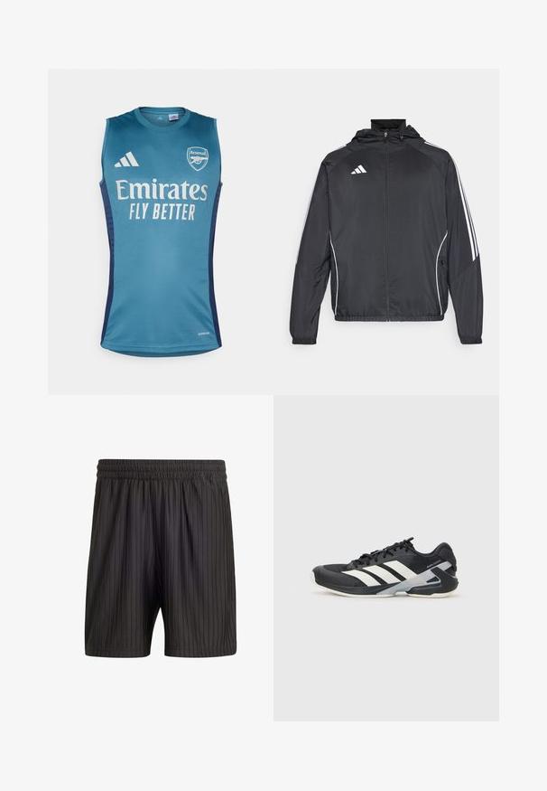 Black athletic jacket with a hood, featuring white stripes along the sleeves and a zippered front. Made from a smooth, lightweight fabric.; Aqua sleeveless jersey featuring the Arsenal logo, "Emirates Fly Better" text, and dark blue side accents. Made of smooth fabric.; Black shorts with an elastic waistband, featuring vertical pinstripes and a lightweight, textured fabric. Mid-thigh length.; Black athletic shoe with white stripes, mesh upper, rounded toe, and cushioned sole. Features a textured heel and secure lacing system.