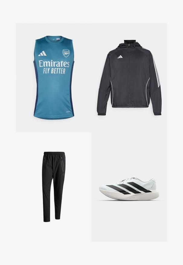 Black athletic jacket with a hood, featuring white stripes along the sleeves and a zippered front. Made from a smooth, lightweight fabric.; Aqua sleeveless jersey featuring the Arsenal logo, "Emirates Fly Better" text, and dark blue side accents. Made of smooth fabric.; Black athletic pants with an elastic waistband, two zippered side pockets, tapered legs, and a subtle logo detail on the hip.; Lightweight running shoes in pale blue with black stripes. Features a smooth upper, round toe, and thick white midsole labeled "LIGHTSTRIKE PRO."