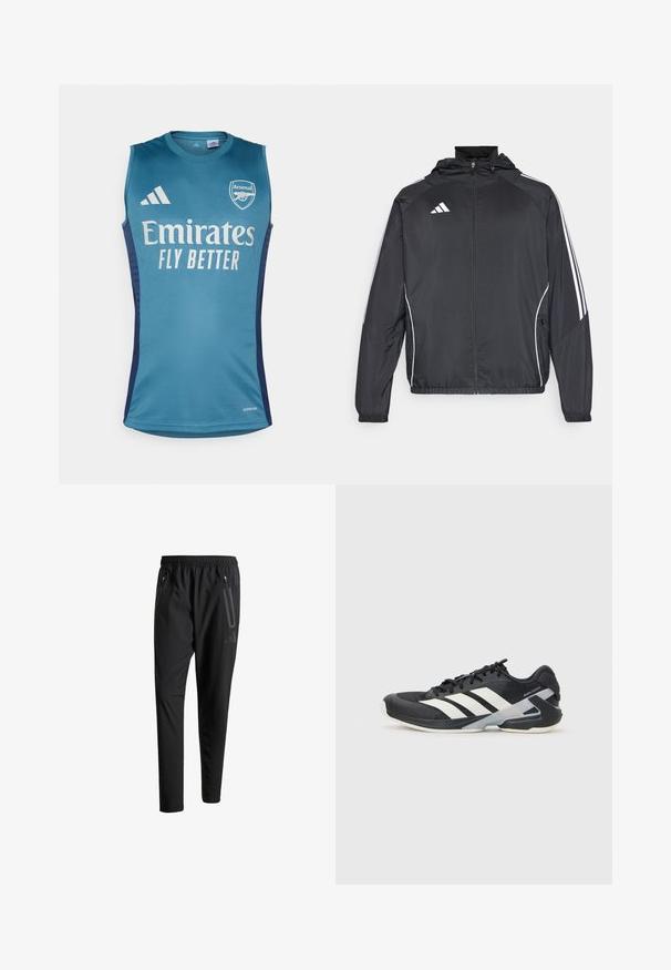 Čierna športová bunda s kapucňou, ktorá má biele pruhy pozdĺž rukávov a zips v prednej časti. Vyrobená z hladkej, ľahkej tkaniny.; Akvá šatôčka bez rukávov s logom Arsenalu, textom "Emirates Fly Better" a tmavomodrými bočnými akcentmi. Vyrobené z hladkej tkaniny.; Čierne športové nohavice s elastickým pásom, dvoma bočnými zipsovými vreckami, zužujúcimi sa nohavicami a nenápadným detailom loga na bokoch.; Čierna športová obuv s bielymi pruhmi, sieťovinový zvršok, zaoblená špička a polstrovaná podrážka. Obsahuje štruktúrovaný opätok a bezpečný systém šnurovania.