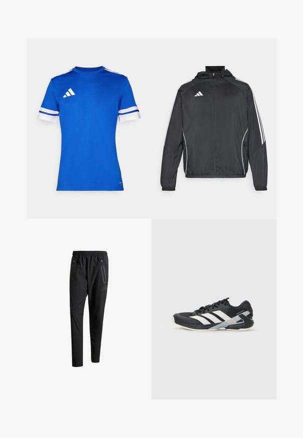 Melnā sporta jaka ar kapuci, ar baltām svītrām pa piedurknēm un ar rāvējslēdzēju priekšpusē. Izgatavota no gludas, vieglas auduma.; Zils īsās piedurknes sporta krekls, izgatavots no gludas auduma. Satur baltas un zilas svītras piedurkņu malās un logotipu kreisajā krūtī.; Melni sporta bikses ar elastīgu vidukli, divām kabatām ar rāvējslēdzējiem sānos, sašaurinātām kājām un diskrētu logo detaļu uz gurniem.; Melnas sporta kurpes ar baltām svītrām, acs augšdaļa, noapaļots pirksts un mīksts zole. Iespējams ar teksturētu papēdi un drošu šņoru sistēmu.