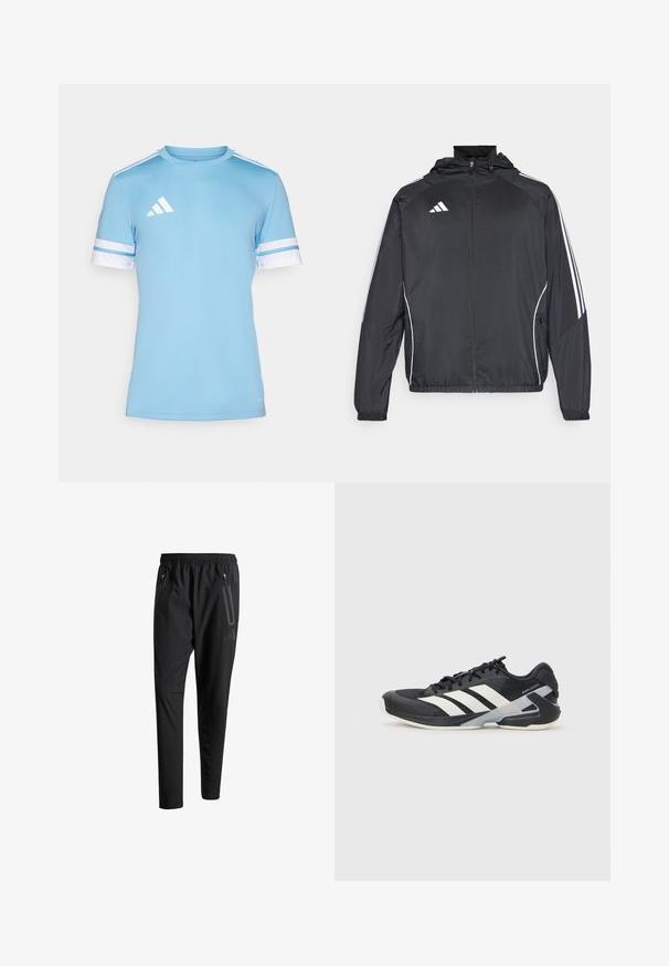 Černá sportovní bunda s kapucí, s bílými pruhy podél rukávů a s předním zipem. Vyrobena z hladkého, lehkého materiálu.; Světle modré sportovní tričko s bílými akcenty, má krátké rukávy a tři bílé pruhy na ramenou. Vyrobeno z prodyšného materiálu.; Černé sportovní kalhoty s elastickým pasem, dvěma zipovými bočními kapsami, zúženými nohavicemi a decentním logem na boku.; Černá sportovní obuv s bílými pruhy, síťovaným svrškem, zaoblenou špičkou a polstrovanou podrážkou. Obsahuje texturovanou patu a bezpečný systém šněrování.