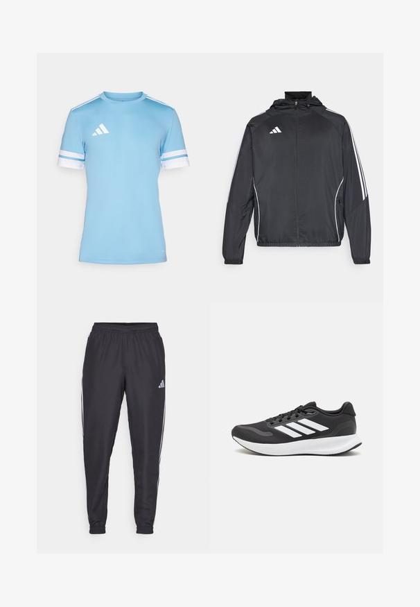 Čierna športová bunda s kapucňou, ktorá má biele pruhy pozdĺž rukávov a zips v prednej časti. Vyrobená z hladkej, ľahkej tkaniny.; Svetlomodré športové tričko s bielymi akcentmi, s krátkymi rukávmi a tromi bielymi pruhmi na ramenách. Vyrobené z priedušného materiálu.; Čierne športové nohavice s elastickým pásom, s bielymi pruhmi po bokoch a malým logom na boku. Hladká textúra.; Čierna športová obuv s priedušným sieťovaným zvrškom, bielymi akcentmi a polstrovanou podrážkou. Na bočnej strane sa nachádza logo so tromi pruhmi.