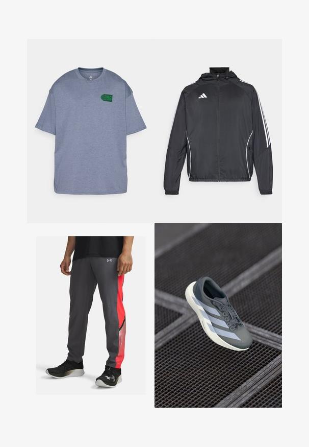 Čierna športová bunda s kapucňou, ktorá má biele pruhy pozdĺž rukávov a zips v prednej časti. Vyrobená z hladkej, ľahkej tkaniny.; Šedé tričko s krátkym rukávom z mäkkej tkaniny, s grafikou zelenej basketbalovej lopty a číslom "96" na ľavej strane hrudníka. Uvoľnený strih.; Športové nohavice v šedé farbe s červeným bočným panelom a pruhovanými akcentmi. Vyrobené z ľahkého materiálu. Majú logo na boku a vrecká.; Športová obuv v šedej a bielej farbe, vyrobená z umelých materiálov, s aerodynamickým dizajnom, textúrovaným povrchom a výrazným šnurovacím systémom.