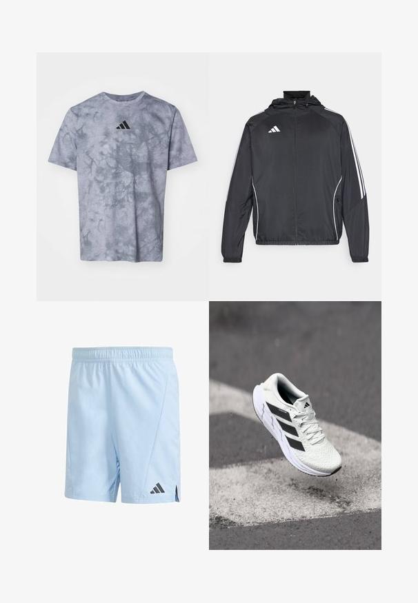 Black athletic jacket with a hood, featuring white stripes along the sleeves and a zippered front. Made from a smooth, lightweight fabric.; Gray short-sleeve T-shirt with a tie-dye pattern, featuring a prominent black Adidas logo on the chest and a textured fabric.; Light blue athletic shorts made from lightweight material. Features an elastic waistband and black Adidas logo on the lower left side.; White athletic shoe with textured mesh upper, black stripes, lace closure, and a cushioned sole, levitating above a marked road surface.