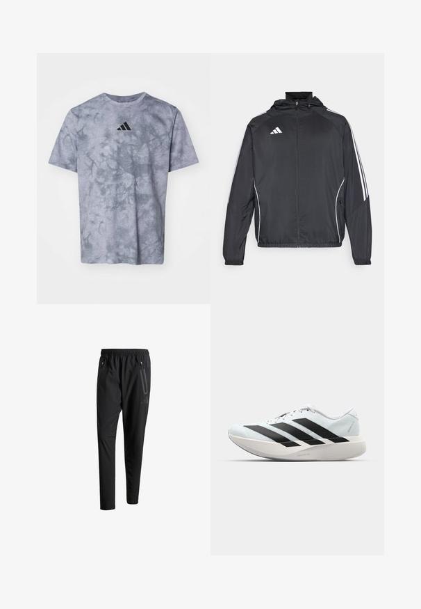 Casaco atlético preto com capuz, apresentando riscas brancas ao longo das mangas e um fecho éclair na frente. Fabricado em um tecido liso e leve.; T-shirt cinza de manga curta com padrão tie-dye, apresentando um proeminente logotipo preto da Adidas no peito e um tecido texturizado.; Calças de treino pretas com uma cintura elástica, dois bolsos laterais com fecho, pernas ajustadas e um discreto detalhe de logotipo no quadril.; Tênis de corrida leves em azul pálido com riscas pretas. Apresentam um cabedal liso, bico redondo e uma entressola espessa branca rotulada como "LIGHTSTRIKE PRO."