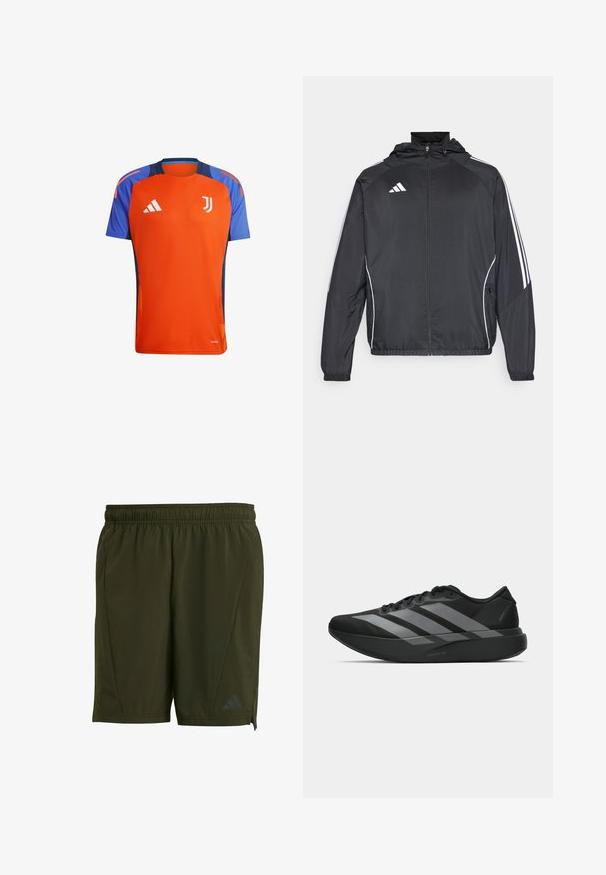 Črna športna jakna s kapuco, z belimi črtami ob rokavih in z zadrgo spredaj. Narejena iz gladkega, lahkega materiala.; Oranžna in modra športna majica s kratkimi rokavi, ki ima okroglo ovratnico, logotip Juventusa in Adidasove črte na ramenskem delu.; adidas Performance D4T WORKOUT - Športne kratke hlače - night cargo; Crne atletske čevlje z lahkotno zasnovo, ki imajo tri izrazite sive črte, gladko teksturo in oblikovano podplat.