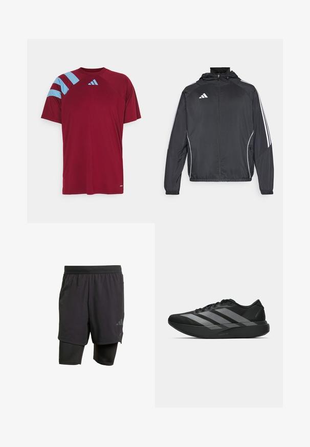 Svart sportsjakke med hette, med hvite striper langs ermene og glidelås foran. Laget av et glatt, lett stoff.; Rød atletisk t-skjorte med korte ermer, med blå striper på venstre skulder og en liten hvit logo på brystet. Glatt tekstur.; Svarte sportshorts med integrert indre lag, laget av pustende stoff. Har subtilt logo og strukturert tekstur. Justerbar midje.; Sorte svarte treningssko med lett design, med tre fremtredende grå striper, en glatt tekstur og en formet såle.