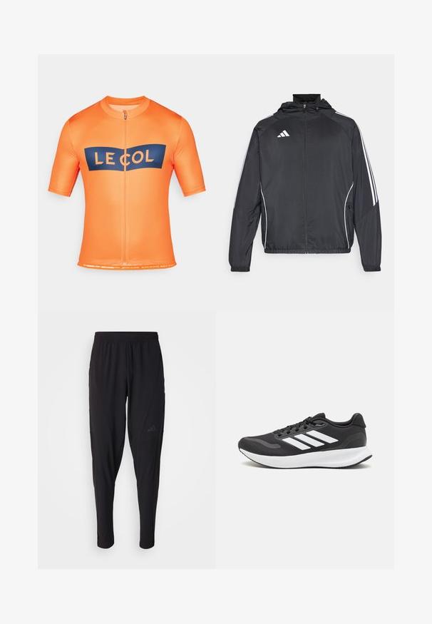 Svart sportsjakke med hette, med hvite striper langs ermene og glidelås foran. Laget av et glatt, lett stoff.; Kortermet sykkelskjorte i lys orange med marineblå detaljer og logo, hel glidelås foran, glatt tekstur og elastisk bunnkant.; Svarte treningsbukser med elastisk midje, smal design, sidelommer og subtil logo. Laget av fleksibelt, pustende stoff.; Svarte sportsko med pustende mesh-overdel, hvite detaljer og en polstret såle. Har tre striper-logo på siden.