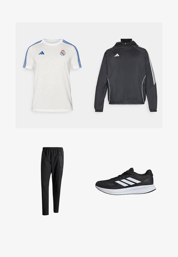 Crna atletska jakna s kapuljačom, s bijelim prugama duž rukava i zatvaranjem na zip. Izrađena od glatkog, laganog materijala.; Bijela Adidas majica s plavim prugama na ramenima, izvezeni klupski logo na prsima. Izrađena od lagane tkanine, kratkih rukava.; Crne atletske hlače s elastičnim pojasom, dva bočna džepa sa zatvaračem, suženi nogavici i diskretnim logotipom na kuku.; Crne atletske cipele s bijelim prugama, mrežastim gornjim dijelom, ublaženom potplatom i teksturiranim detaljima. Imaju vezanje na vezice i logotip branda na jeziku.