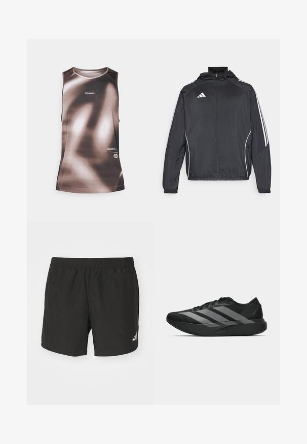 Czarna sportowa kurtka z kapturem, z białymi paskami wzdłuż rękawów i zasuwanym przodem. Wykonana z gładkiego, lekkiego materiału.; Top w kolorach brązowym i beżowym z gradientowym wzorem. Wykonany z materiałów syntetycznych, posiada okrągły dekolt i logo marki z przodu.; Czarne spodenki sportowe z elastycznym paskiem w talii, bocznymi rozcięciami i odblaskowymi akcentami logo. Wykonane z lekkiego, gładkiego materiału.; Czarne buty sportowe o lekkiej konstrukcji, z trzema wyraźnymi szarymi paskami, gładką fakturą i wyprofilowaną podeszwą.