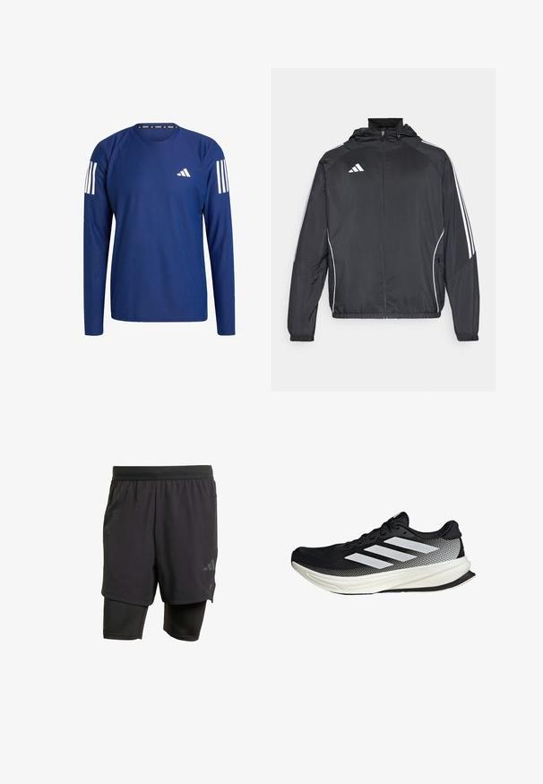 Musta urheilu takki hupulla, jossa on valkoiset raidat hihoissa ja vetoketjuzulu etupuolella. Valmistettu sileästä, kevyestä kankaasta.; Siniharmaa pitkähihainen juoksupaita, joka on valmistettu tekstuurikankaasta. Paidan olkapäillä on valkoiset raidat ja rinnassa pieni valkoinen logo.; Musta urheilushortsit integroitu sisäkerros, valmistettu hengittävästä kankaasta. Ominaisuuksiin kuuluu huomaamaton logo ja rakenteellinen tekstuuri. Säädettävä vyötärö.; Musta urheilukengä, jossa on verkkomaisia yksityiskohtia, valkoiset raidat, pyöristetty kärki ja pintakuvioitu pohja pidon ja tuen tarjoamiseksi.