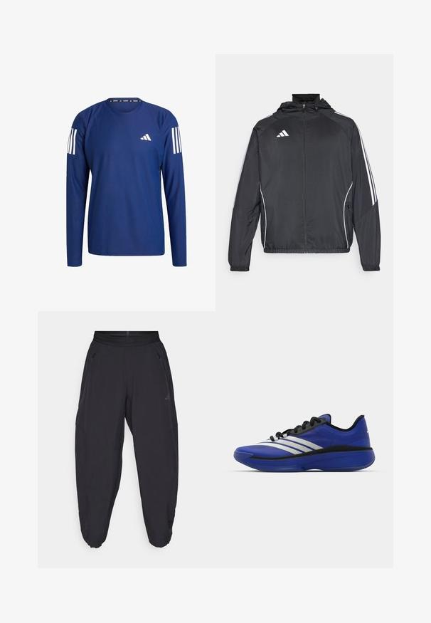 Svart idrottsjacka med huva, med vita ränder längs ärmarna och dragkedja framtill. Tillverkad av ett mjukt, lätt material.; Marinblå långärmad löpatröja i strukturerad tyg med vita ränder på axlarna och en liten vit logotyp på bröstet.; Svarta träningsbyxor med elastisk midja, fickor med dragkedja på sidan, avsmalnande ben och en diskret logotyp på höger lår.; adidas Performance ADIZERO SELECT 3.0 - Basketsko - lucid blue/core black/metallic