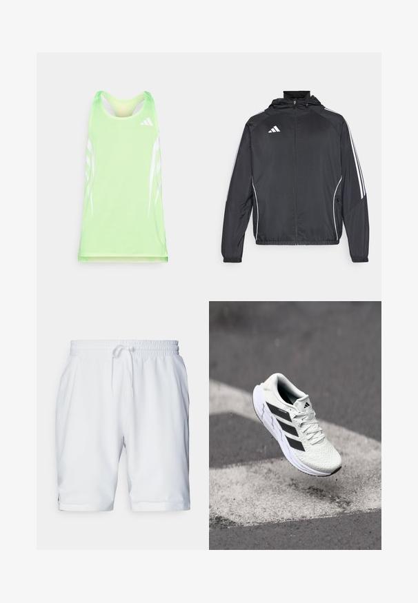 Crna atletska jakna s kapuljačom, s bijelim prugama duž rukava i zatvaranjem na zip. Izrađena od glatkog, laganog materijala.; Zeleni atletski top bez rukava od teksturiranog mrežastog materijala, s bijelim dijagonalnim prugama i Adidas logom na gornjem desnom dijelu.; Bijele atletske kratke hlače s elastičnim pojasom i podesivom vezicom. Glatka tkanina s suptilnom teksturom, sa bočnim džepovima.; Bjela atletska cipela s mrežastim gornjim dijelom s teksturom, crnim prugama, vezanjem na vezice i podstavljenim potplatom, lebdi iznad označene ceste.
