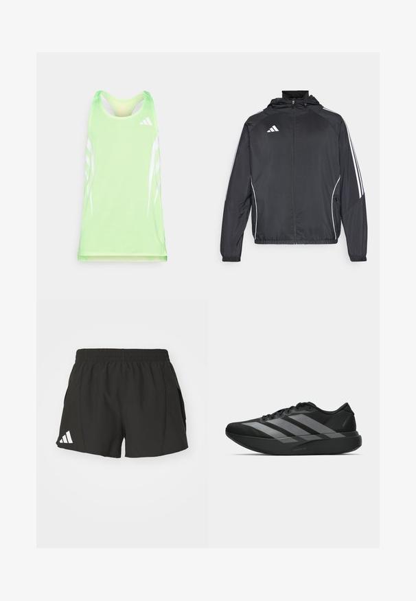 Giacca atletica nera con cappuccio, caratterizzata da strisce bianche lungo le maniche e chiusura con zip frontale. Realizzata in un tessuto liscio e leggero.; Canotta sportiva verde realizzata in un tessuto a rete testurizzato, con strisce diagonali bianche e logo Adidas sul lato superiore destro.; Pantaloni sportivi neri realizzati in materiale leggero, con una vita elasticizzata, tasche laterali e un logo Adidas bianco sulla gamba sinistra.; Scarpe sportive nere con un design leggero, caratterizzate da tre strisce grigie prominenti, una superficie liscia e una suola sagomata.