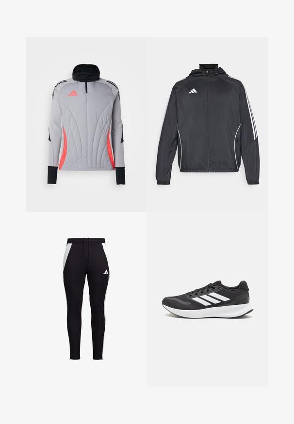 Črna športna jakna s kapuco, z belimi črtami ob rokavih in z zadrgo spredaj. Narejena iz gladkega, lahkega materiala.; adidas Performance TIRO24 WINTERIZED TOP - Majica z dolgimi rokavi - light onix/shock red; Črne športne hlače s belimi stranskimi paneli, oprijete, z elastičnim pasom in vrvico, ter majhnim belim logotipom na spodnji levi nogi.; Črne športne čevlje z zračnim mrežastim zgornjim delom, belimi akcenti in oblazinjeno podplatom. Imajo tri črte logo na strani.