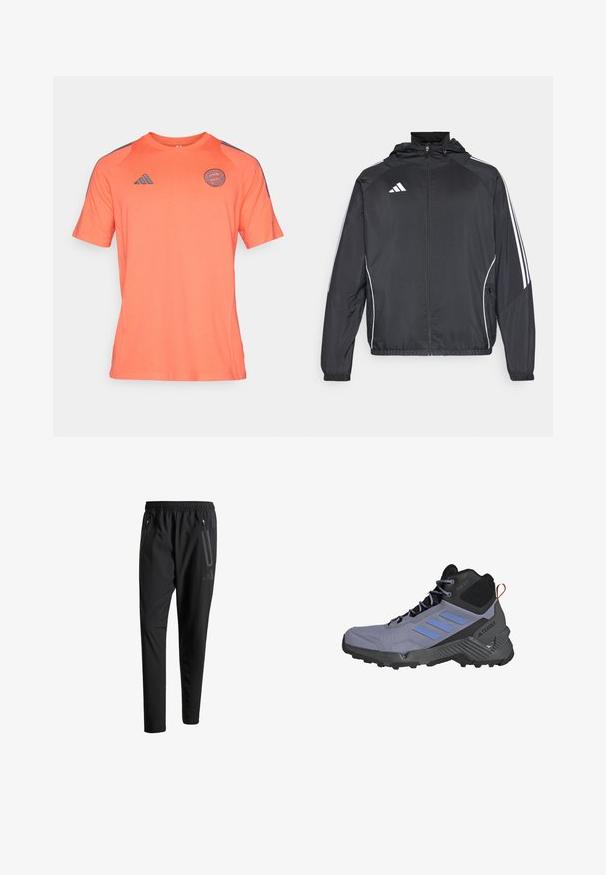 Crna atletska jakna s kapuljačom, s bijelim prugama duž rukava i zatvaranjem na zip. Izrađena od glatkog, laganog materijala.; Krátki rukavi ružičasto-narančaste sportske majice od mekog materijala, sa okruglim izrezom i tamnosivim naglascima na ramenima i logu.; Crne atletske hlače s elastičnim pojasom, dva bočna džepa sa zatvaračem, suženi nogavici i diskretnim logotipom na kuku.; Planinska cipela srednje visine u sivoj i crnoj boji. Ima teksturirani sintetički gornji dio, prozračne mrežaste panele i agresivni gumeni đon za prianjanje.