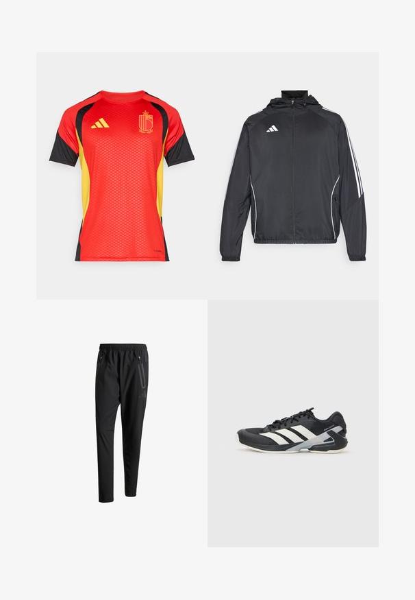 Černá sportovní bunda s kapucí, s bílými pruhy podél rukávů a s předním zipem. Vyrobena z hladkého, lehkého materiálu.; Červený krátký rukáv dres s černými a žlutými akcenty, s texturovaným vzorem, brandingem Adidas a centrálním emblémem.; Černé sportovní kalhoty s elastickým pasem, dvěma zipovými bočními kapsami, zúženými nohavicemi a decentním logem na boku.; Černá sportovní obuv s bílými pruhy, síťovaným svrškem, zaoblenou špičkou a polstrovanou podrážkou. Obsahuje texturovanou patu a bezpečný systém šněrování.