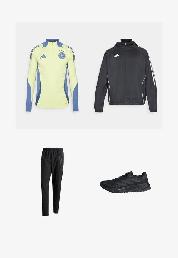 Černá sportovní bunda s kapucí, s bílými pruhy podél rukávů a s předním zipem. Vyrobena z hladkého, lehkého materiálu.; Dlouhý rukáv sportovní top v fluorescentně žluté barvě s modrými bočními panely, s polovinovým zipem a logem s hvězdami na hrudi.; Černé sportovní kalhoty s elastickým pasem, dvěma zipovými bočními kapsami, zúženými nohavicemi a decentním logem na boku.; Černá běžecká obuv Adidas s vrchní částí z Gore-Texu, třemi pruhy na boku a nápisem "Dreamstrike" na podrážce, pohled z vnější strany.