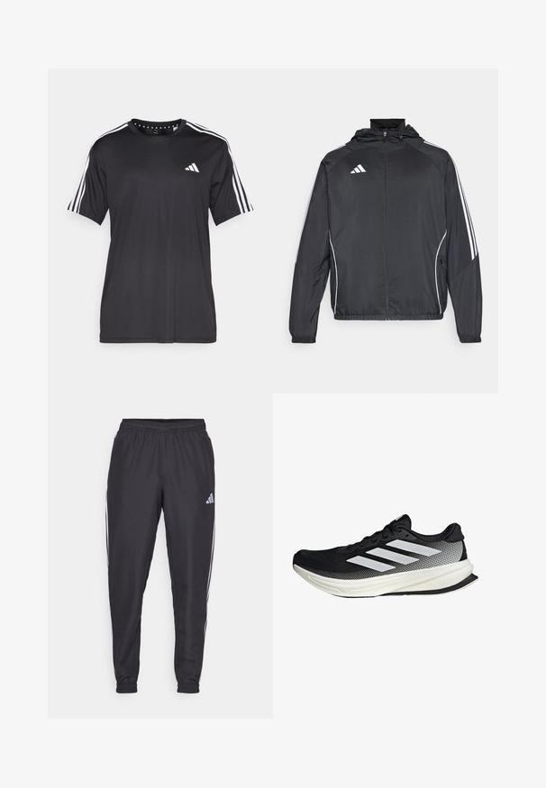 Černá sportovní bunda s kapucí, s bílými pruhy podél rukávů a s předním zipem. Vyrobena z hladkého, lehkého materiálu.; Černé tričko s krátkým rukávem a bílým designem se třemi pruhy na ramenou a logem na hrudi. Vyrobeno z prodyšného materiálu, hladká textura.; Černé sportovní kalhoty s elastickým pasem, se zlomenými bílými pruhy po stranách a malým logem na bocích. Hladká textura.; Černá sportovní boty s síťovaným designem, s bílými pruhy, zaoblenou špičkou a texturovanou podrážkou pro lepší přilnavost a oporu.