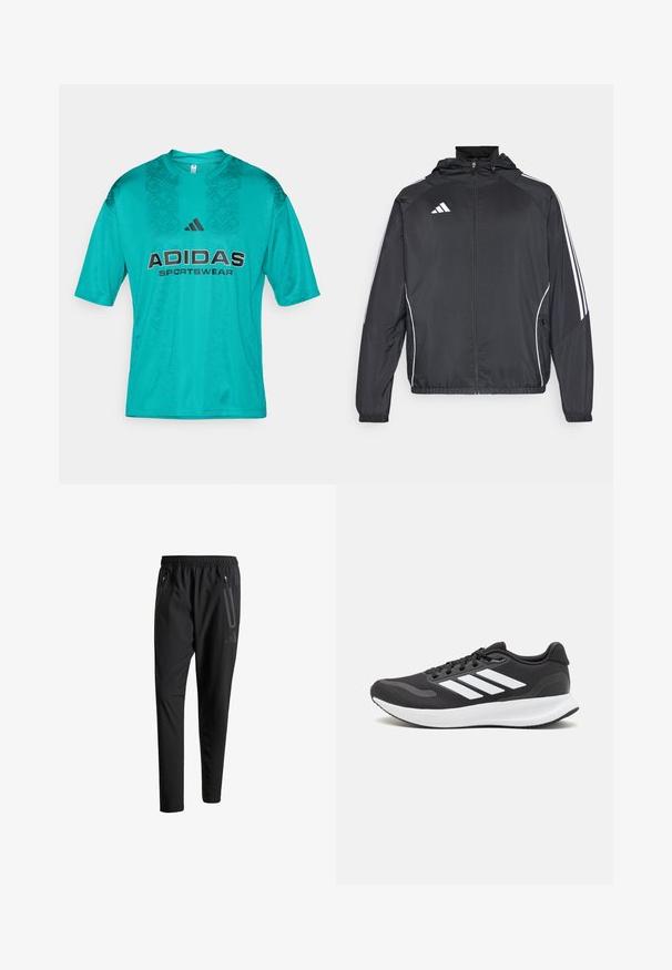 Juodas sportinis džemperis su kapišonu, turintis baltas juosteles palei rankoves ir užtrauktuką priekyje. Pagamintas iš lygaus, lengvo audinio.; adidas Sportswear TIRO TEE - Marškinėliai su spaudiniu - pure teal/black; Juodi sportiniai šortai su elastiniu juosmeniu, dviem užtrauktukais šoniniais kišenėmis, siaurėjančiomis kojomis ir subtiliu logotipo detaliu ant klubo.; Juodas sportinis batelis su orui pralaidžia mėgintuvėliu, baltomis akcentais ir paminkštintu padu. Šone yra trijų juostų logotipas.