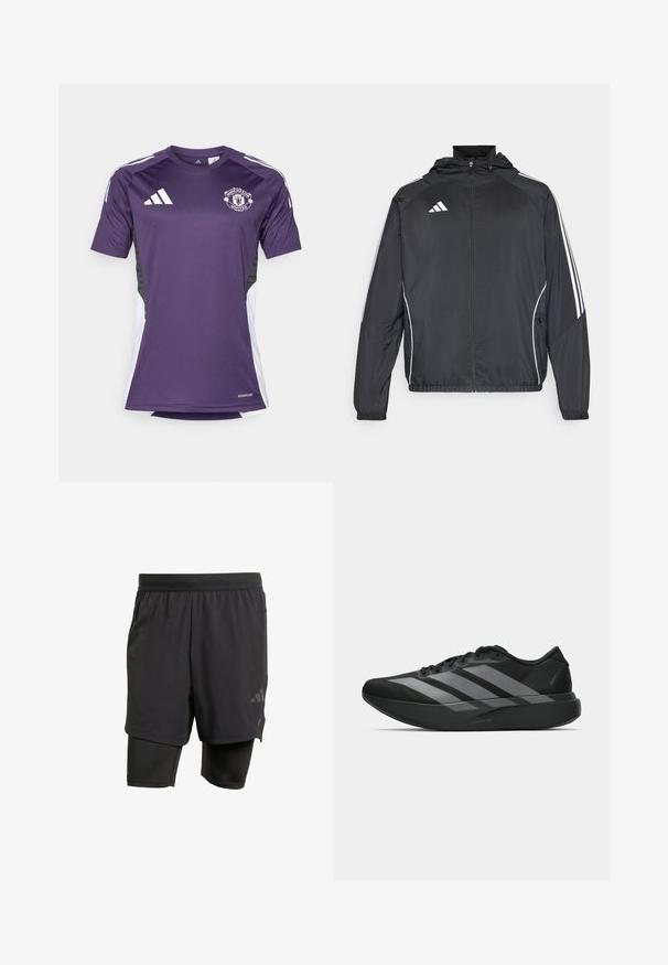 Svart sportsjakke med hette, med hvite striper langs ermene og glidelås foran. Laget av et glatt, lett stoff.; Lilla Manchester United-drakt med korte ermer, Adidas-logo og hvite sidelommer. Laget av fukttransporterende materiale.; Svarte sportshorts med integrert indre lag, laget av pustende stoff. Har subtilt logo og strukturert tekstur. Justerbar midje.; Sorte svarte treningssko med lett design, med tre fremtredende grå striper, en glatt tekstur og en formet såle.