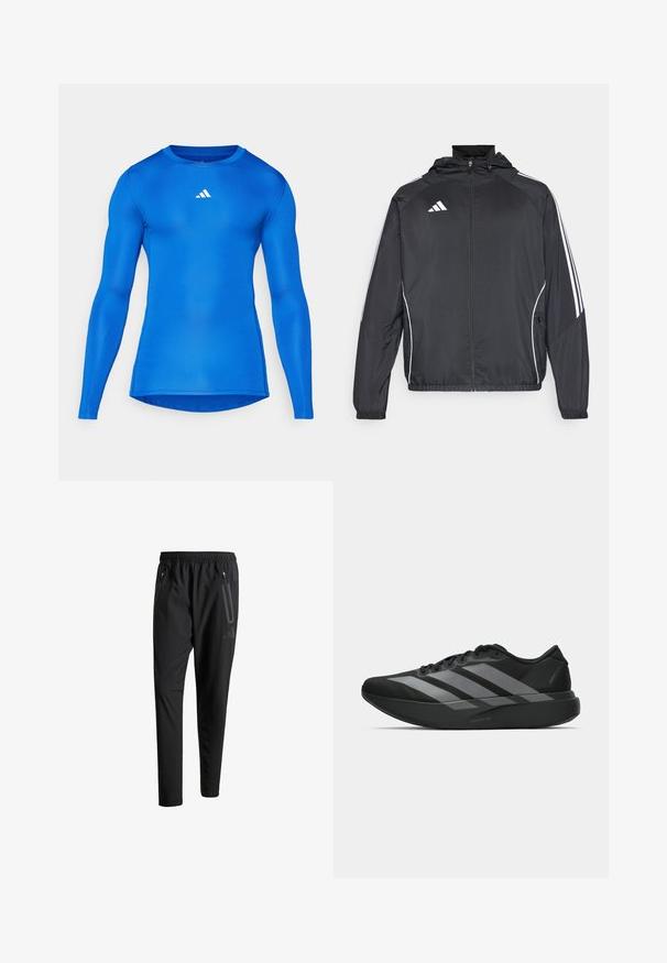 Casaco atlético preto com capuz, apresentando riscas brancas ao longo das mangas e um fecho éclair na frente. Fabricado em um tecido liso e leve.; Camisola atlética de manga longa azul com um design ajustado, textura suave, decote redondo e logo branco da Adidas no lado superior esquerdo do peito.; Calças de treino pretas com uma cintura elástica, dois bolsos laterais com fecho, pernas ajustadas e um discreto detalhe de logotipo no quadril.; Sapatilhas desportivas pretas com um design leve, apresentando três faixas cinzas proeminentes, uma textura suave e uma sola contornada.