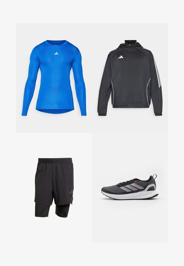 Schwarze Sportjacke mit Kapuze, ausgestattet mit weißen Streifen an den Ärmeln und einem Reißverschluss vorne. Hergestellt aus einem glatten, leichten Stoff.; Blaues langärmliges Sportshirt mit anpassendem Design, glatter Textur, Rundhalsausschnitt und weißem Adidas-Logo auf der linken Brust.; Schwarze Sportshorts mit integrierter Innenschicht, aus atmungsaktivem Material hergestellt. Mit dezentem Logo und strukturierter Textur. Verstellbarer Bund.; Laufschuhe in Schwarz mit grauen Akzenten. Verfügt über ein strukturiertes Obermaterial, eine robuste Sohle und reflektierende Streifen. Leichtes Design mit einer gepolsterten Zwischensohle.