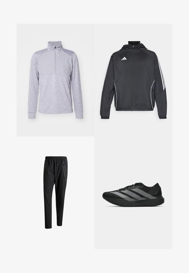 Giacca atletica nera con cappuccio, caratterizzata da strisce bianche lungo le maniche e chiusura con zip frontale. Realizzata in un tessuto liscio e leggero.; Pullover grigio con colletto a mezza zip, caratterizzato da un corpo testurizzato e pannelli superiori lisci. Maniche lunghe con polsi a costine e dettaglio del logo.; Pantaloni sportivi neri con vita elastica, due tasche laterali con cerniera, gambe affusolate e un sottile dettaglio del logo sull'anca.; Scarpe sportive nere con un design leggero, caratterizzate da tre strisce grigie prominenti, una superficie liscia e una suola sagomata.