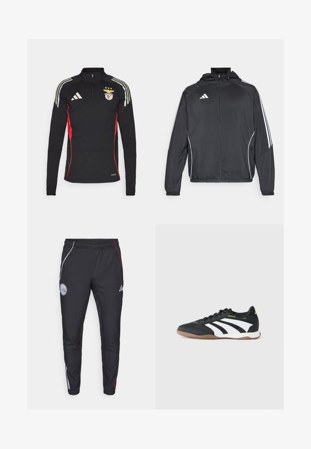 Črna športna jakna s kapuco, z belimi črtami ob rokavih in z zadrgo spredaj. Narejena iz gladkega, lahkega materiala.; Črna dolgoročna športna majica s sivimi stranskimi detajli, pol-zadrgo ovratnika, tremi belimi črtami na ramenskih delih in vezenim logotipom na prsih.; Črne športne hlače s tapered krojem. Imajo bele in rdeče stranske proge, elastičen pas ter izvezen logotip na zgornjem delu stegna.; Črne in bele nizkoprofilske notranje športne copate z gumijastim podplatom, vezalkami in neon zelenim logotipom "Predator" na strani.