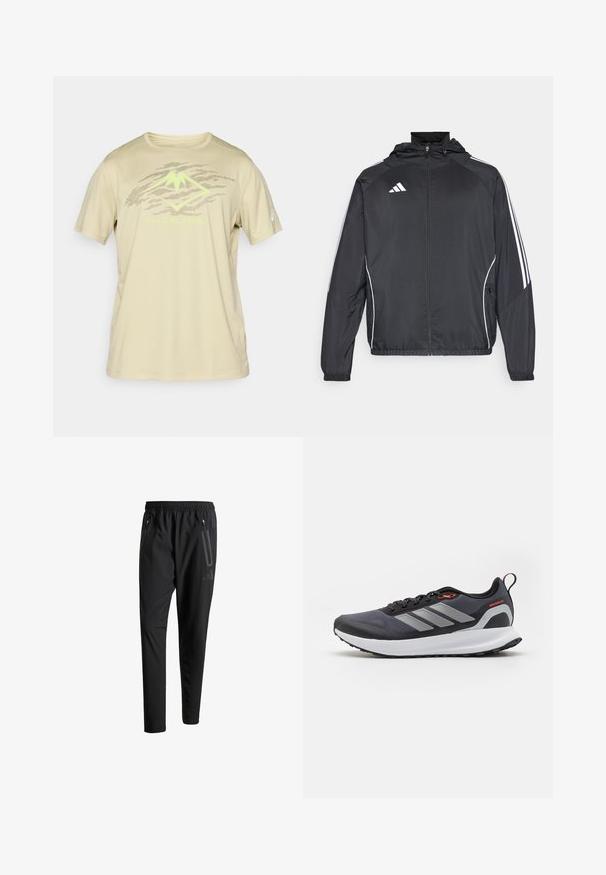 Casaco atlético preto com capuz, apresentando riscas brancas ao longo das mangas e um fecho éclair na frente. Fabricado em um tecido liso e leve.; ASICS FUJITRAIL LOGO TOP - T-shirt desportiva - khaki; Calças de treino pretas com uma cintura elástica, dois bolsos laterais com fecho, pernas ajustadas e um discreto detalhe de logotipo no quadril.; Sapatilhas de corrida em preto com detalhes em cinza. Apresentam um upper texturizado, sola resistente e riscas refletoras. Design leve com um entressola almofadada.